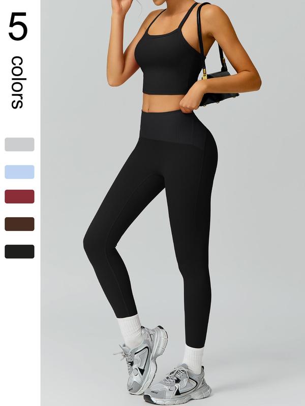 Women's Solid Backless Crop Cami Top & High Waist Leggings Ribbed Sports Set, Sporty Casual Breathable Comfortable Two-piece Outfits for Yoga Gym Workout Running, Ladies Sportswear for All Seasons