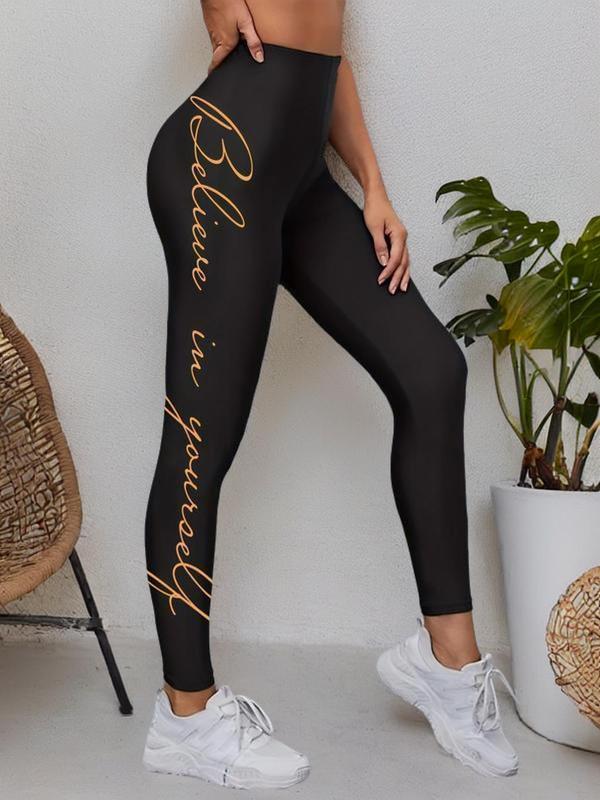 Women's Letter Print High Waist Sports Leggings, Sporty Wide Waistband Skinny Pants, Workout Clothes Women, Gym Outfits Women, Summer Sports Bottoms