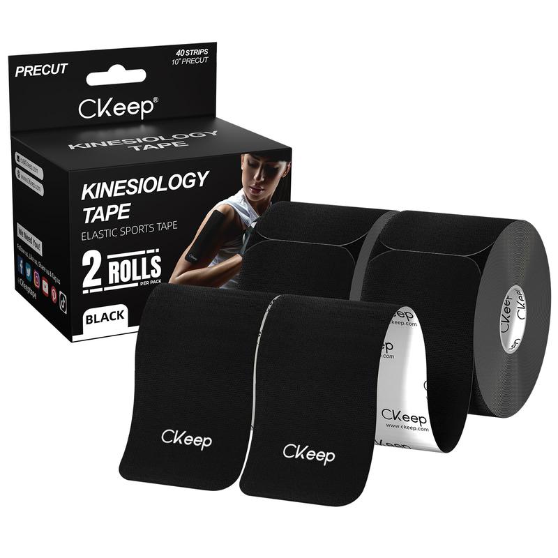 CKeep Precut Athletic Tape (2 Rolls), Original Cotton Elastic Premium Sports Tape, 33 ft, 40 Precut Strips (Black)