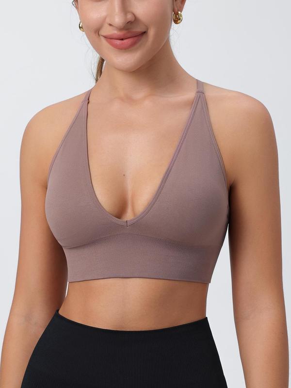 Women's Solid Criss Cross Backless Padded Sports Bra, Pickleball & Tennis Clothes for Fall, Sports Bra for Women, Adjustable Strap Wireless Sports Bra, Back-to-School Clothing, Ladies Sportswear, Fallfreshness, Birthday Gifts Top