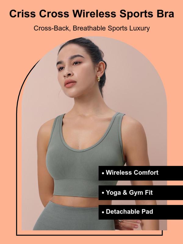 Women's Solid Criss Cross Wireless Sports Bra, Sports Bra for Women, Breathable Comfortable Detachable Chest Pad Sports Bra for Yoga Gym Workout, Ladies Sportswear Clothing for All Seasons Top