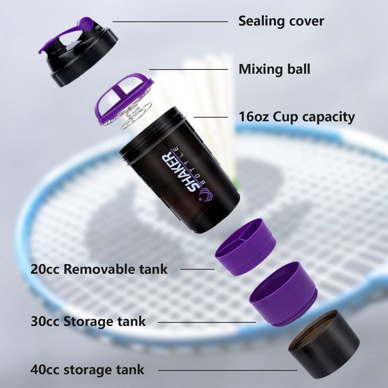 16OZ Protein Shaker Bottles with Pill Organizer Storage and Mix Ball, Leak Proof Portable Shaker Bottles for Protein Mixes and Pre Work Out, BPA Free