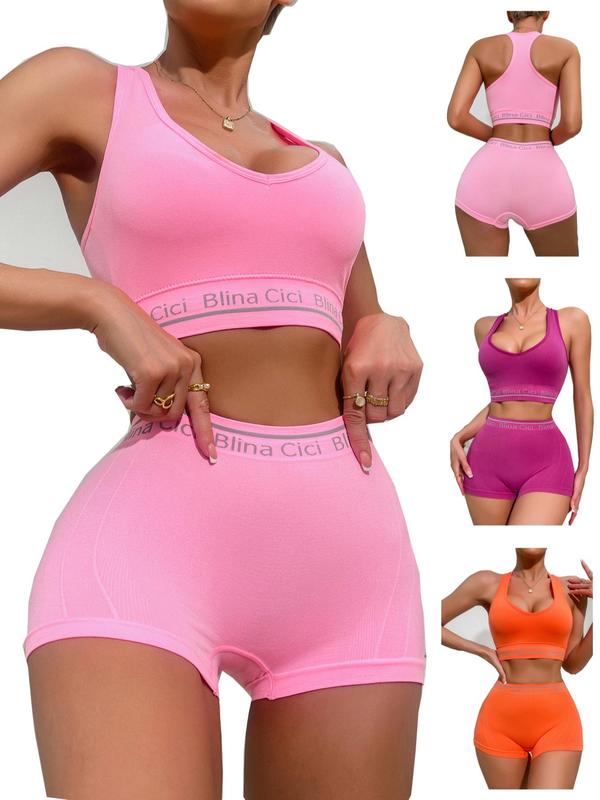 Women's Letter Print Crop Sports Push Up Bra & High Waist Shorts, Lady Comfort 3 Sets Sporty Workout Gym Exercise Clothing Set, Ladies Sportswear & Underwear Set, Summer Wear 2024