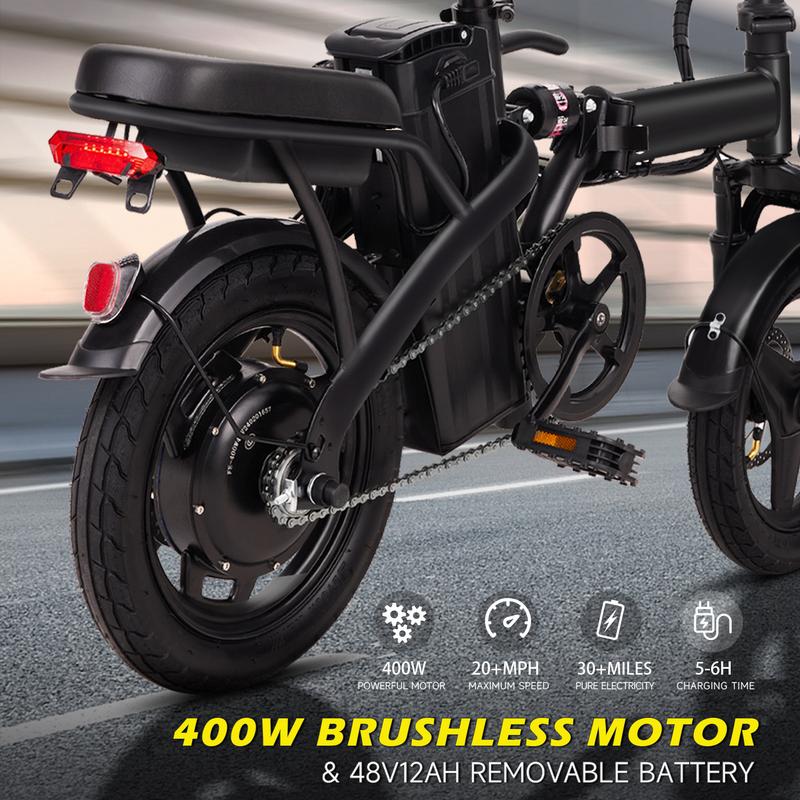 APYEAR E-Bike,400W Motor 14inches Folding Design Electric Bike,with Removable Battery,20+MPH Ebike Top Speed,Two-Person Capacity,Commuting electric bicycle,Equipped with High-Performance Brushless Motor