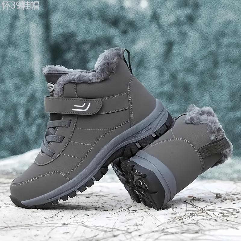 Men's Snow Boots With Hook And Loop Fastener, Winter Thermal Shoes, Windproof Hiking Boots With Fuzzy Lining