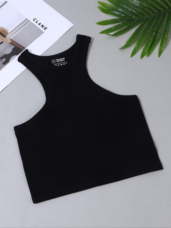 Women's Solid Round Neck Ribbed Crop Sports Vest, Quick Drying Breathable Comfortable Crop Sports Tank Top for Yoga Gym Workout Running,  Running Vest, Ladies Sportswear for All Seasons