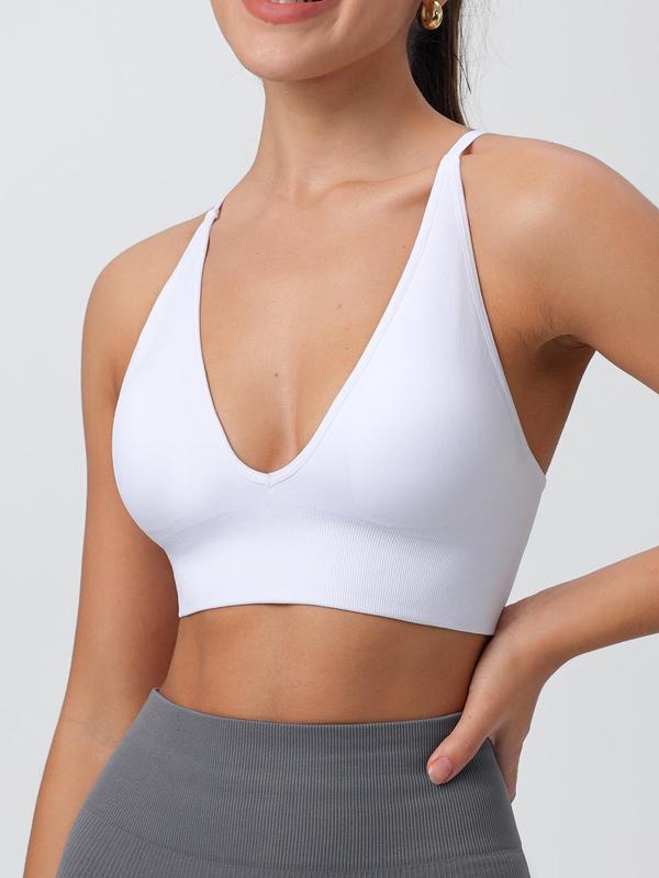 Women's Solid Criss Cross Backless Padded Sports Bra, Pickleball & Tennis Clothes for Fall, Sports Bra for Women, Adjustable Strap Wireless Sports Bra, Back-to-School Clothing, Ladies Sportswear, Fallfreshness, Birthday Gifts Top