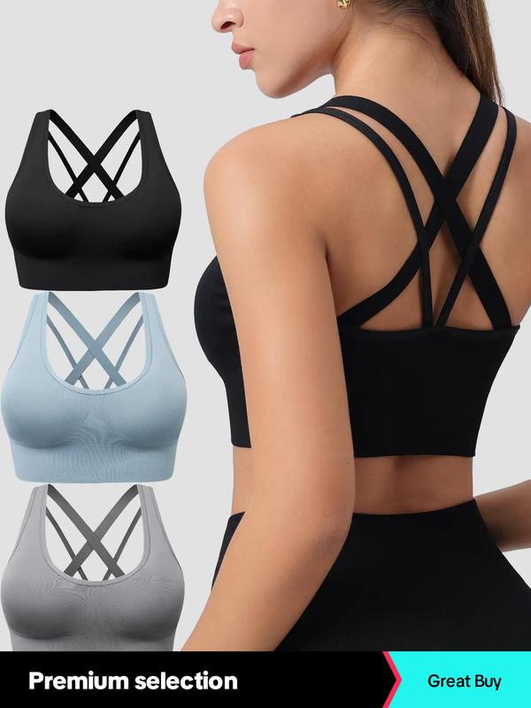 Women's Solid Criss Cross Wireless Sports Bra, Sports Bra for Women, Breathable Comfortable Detachable Chest Pad Sports Bra for Yoga Gym Workout, Ladies Sportswear Clothing for All Seasons Top