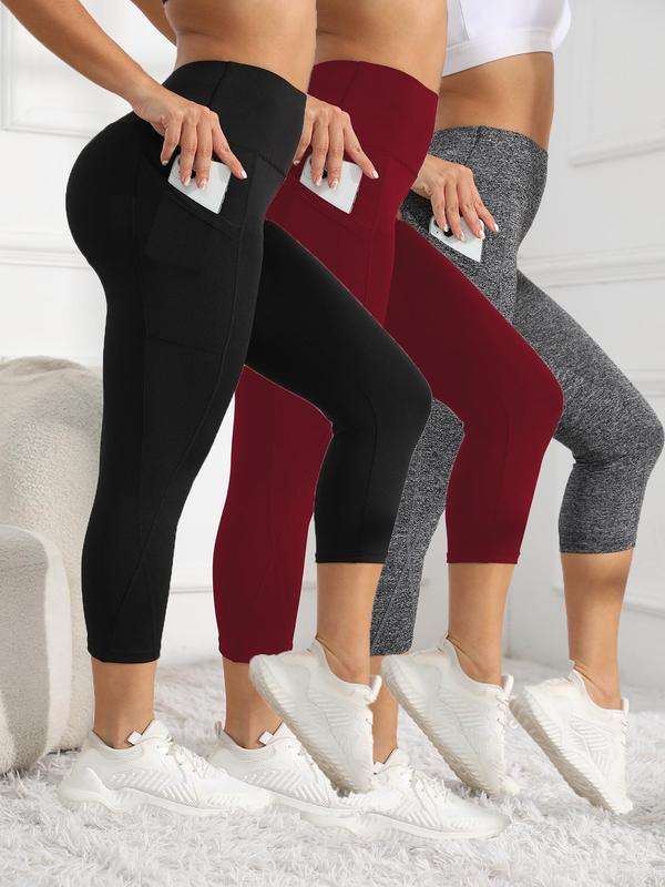 Women's Solid High Waist Sports Leggings, Breathable Comfortable Pocket Skinny Capris Pants, Ladies Sportswear for Indoor Outdoor Wear, Tummy Control