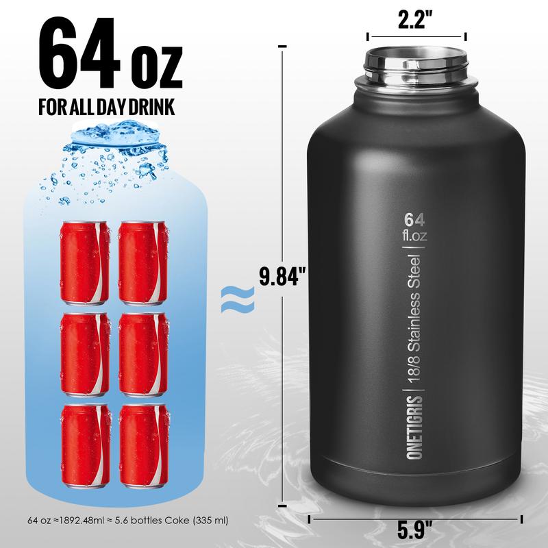 OneTigris 64 oz Insulated Stainless Steel Water Bottle with 3 Lids, Handle and Carry Pouch for Outdoor Sport Gym