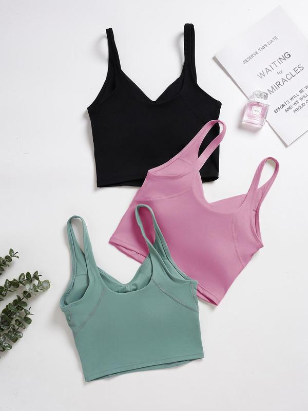 Solid Color V Neck Sports Vest, Summer Breathable Comfortable Sports Bra,  Gym Tops, High Stretch Seamless Yoga Crop Top, Sportswear Clothing for Indoor Outdoor Wear