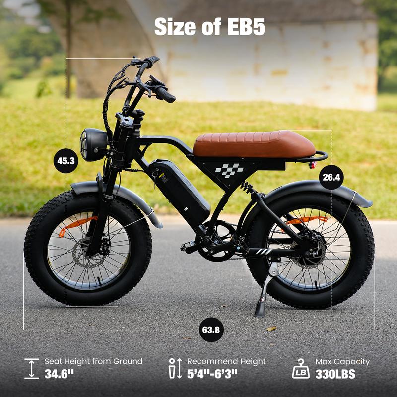  EB5 Adult All-Terrain Electric Bike, 500 Watt Motor, Top Speed 20 mph, Can Travel 55+ Miles, 20 Inch Thick Tires, Front and Rear Suspension System. bike