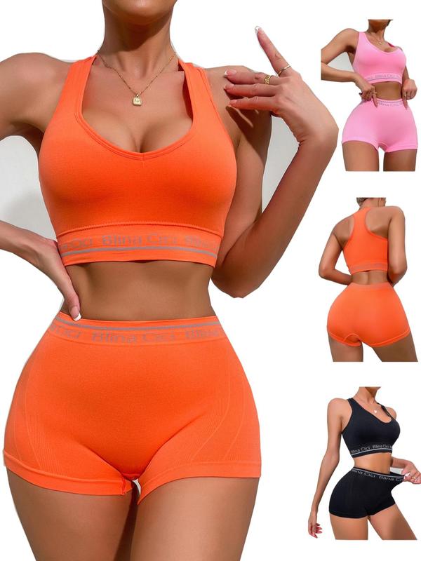 Women's Letter Print Crop Sports Push Up Bra & High Waist Shorts, Lady Comfort 3 Sets Sporty Workout Gym Exercise Clothing Set, Ladies Sportswear & Underwear Set, Summer Wear 2024