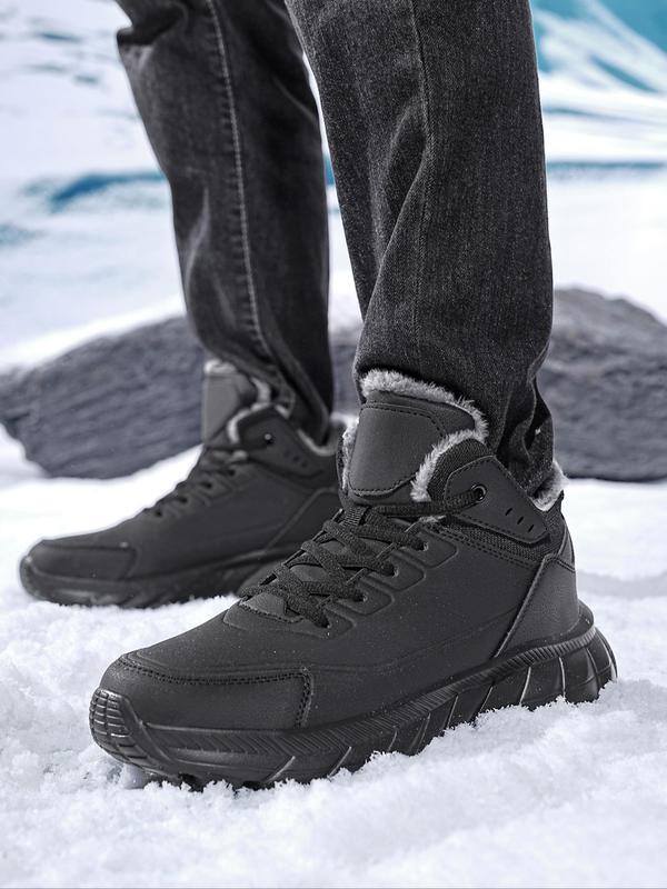 Men's Sporty Patchwork Lace Up Ankle Boots, Casual Comfortable Warm Fur Lined Boots for Outdoor Hiking, Male All-match Round Toe Shoes for Daily Wear