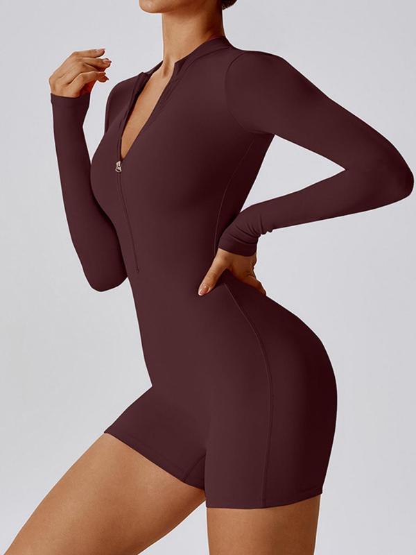 Women's Solid Color Zip Up Round Neck Sports Romper, Long Sleeve Bodycon Jumpsuit for Yoga Gym Workout, Ladies Sportswear for All Seasons
