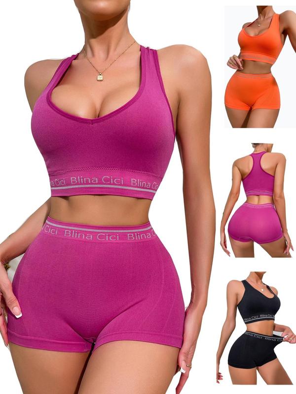 Women's Letter Print Crop Sports Push Up Bra & High Waist Shorts, Lady Comfort 3 Sets Sporty Workout Gym Exercise Clothing Set, Ladies Sportswear & Underwear Set, Summer Wear 2024