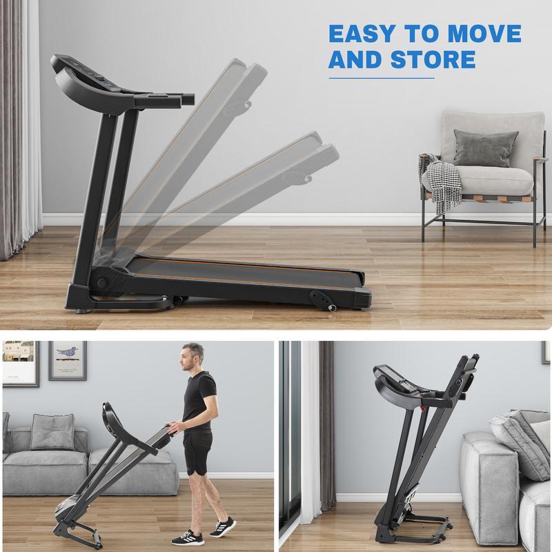 Motorized Compact Folding Treadmill with Audio Speakers and Incline Adjuster for Running and Jogging