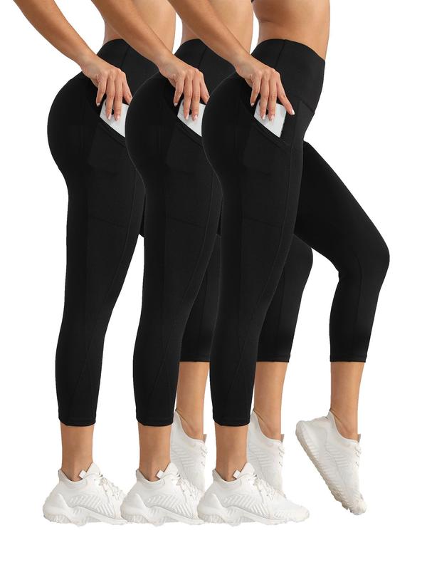 Women's Solid High Waist Sports Leggings, Breathable Comfortable Pocket Skinny Capris Pants, Ladies Sportswear for Indoor Outdoor Wear, Tummy Control