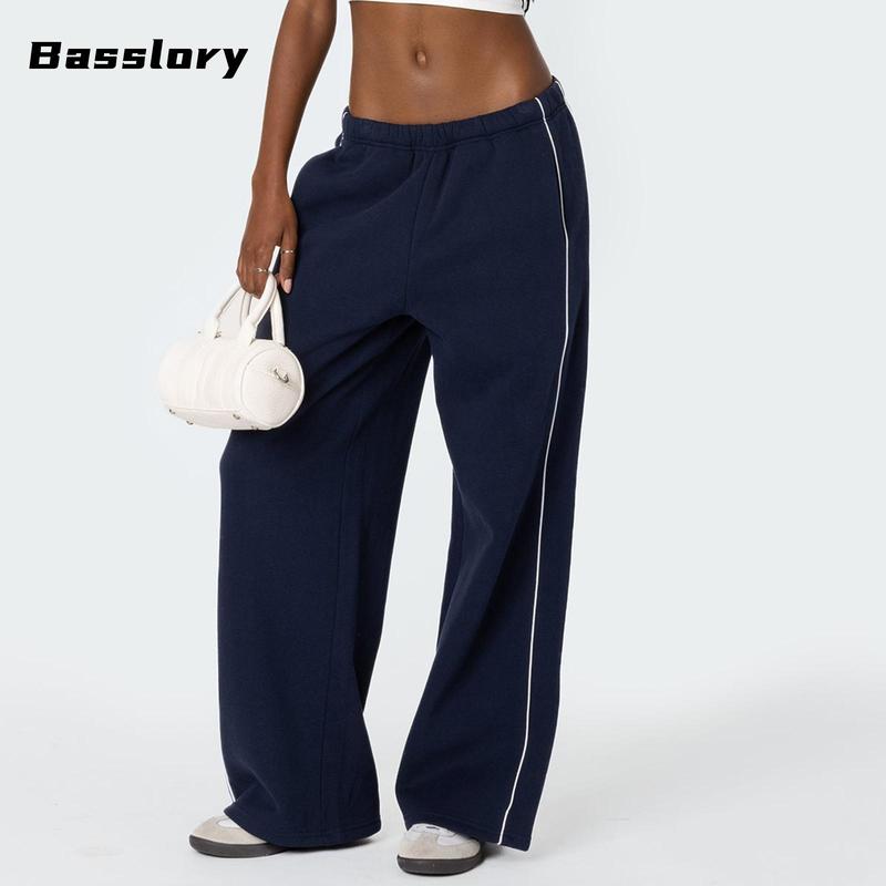 Women's Fall Sweatpants White Trim Elastic Waist Loose Sports Trousers with Pockets