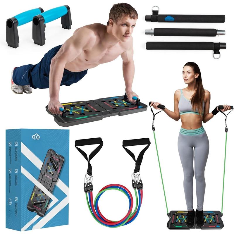 Push Up Board and Pilates Bar Kit - Color Coded Foldable Pushup Board Fitness Tool - Reinforced Aluminum Resistance Band Bar - At Home Gym Accessories for Men and Women - Portable Gym