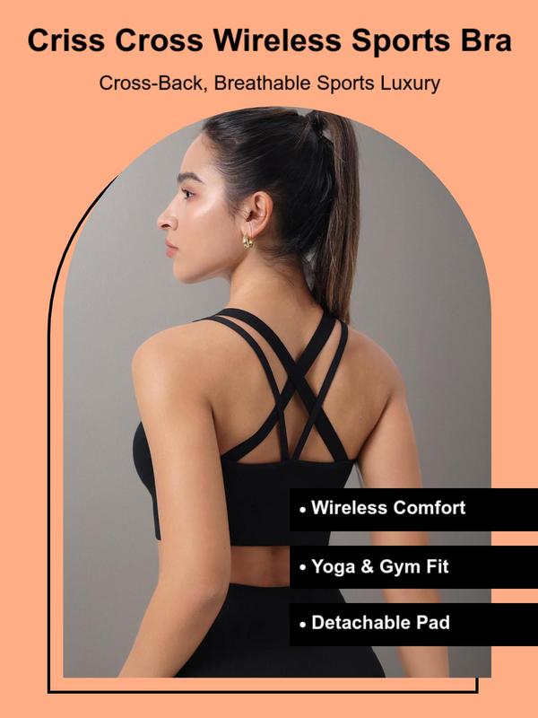 Women's Solid Criss Cross Wireless Sports Bra, Sports Bra for Women, Breathable Comfortable Detachable Chest Pad Sports Bra for Yoga Gym Workout, Ladies Sportswear Clothing for All Seasons Top