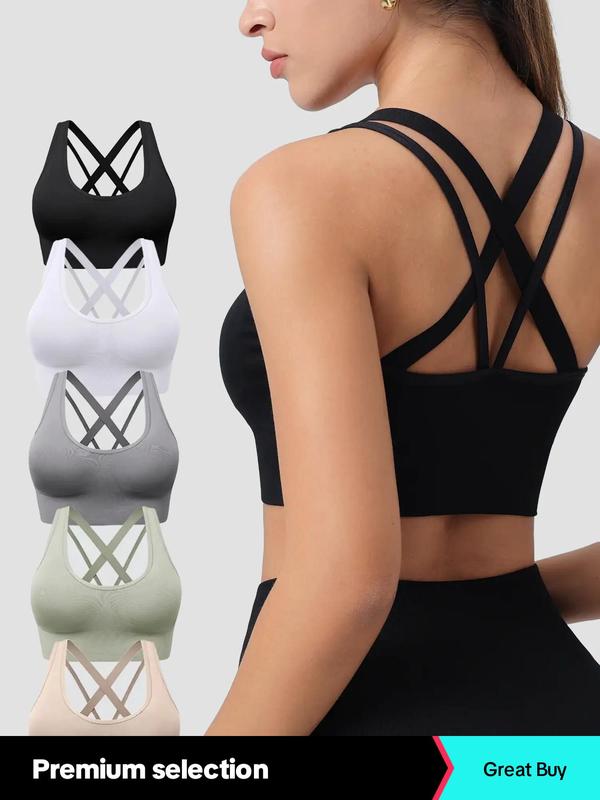 Women's Solid Criss Cross Wireless Sports Bra, Sports Bra for Women, Breathable Comfortable Detachable Chest Pad Sports Bra for Yoga Gym Workout, Ladies Sportswear Clothing for All Seasons Top