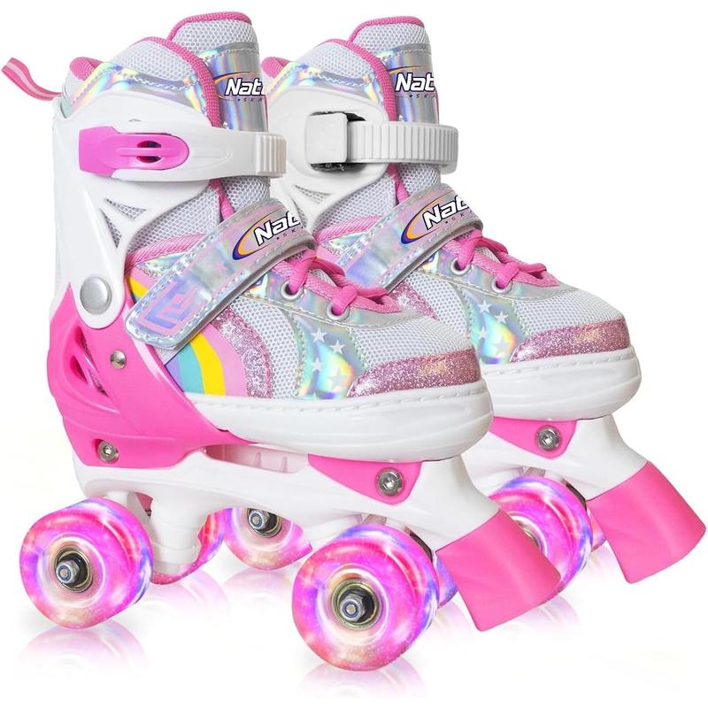 Girls Roller Skates for , 4 Size Adjustable Rainbow Quad Skates with All Light Up Wheels -  Birthday Gift for Outdoor