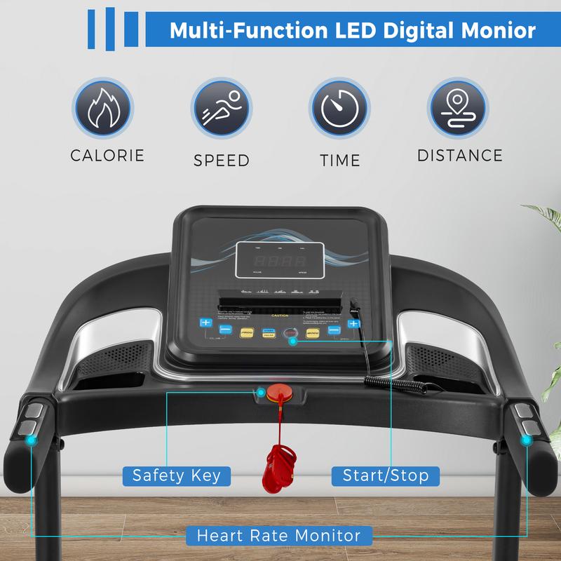 Motorized Compact Folding Treadmill with Audio Speakers and Incline Adjuster for Running and Jogging