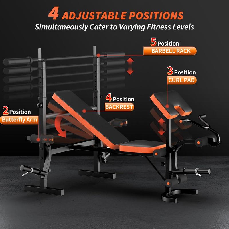 Weight Bench, Bench Press Set with Leg Extension No Weight Plates Included, 6 in 1 Olympic Weight Bench for Home Gym, Adjustable Workout Bench with Rack & Preacher Pad, Full Body Flat Incline Bench for Weight Lifting