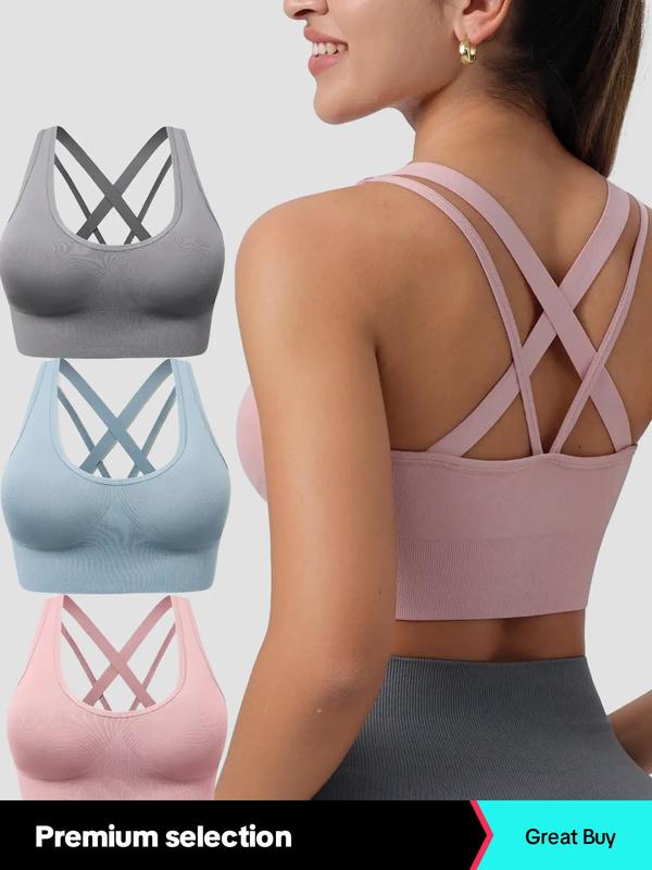 Women's Solid Criss Cross Wireless Sports Bra, Sports Bra for Women, Breathable Comfortable Detachable Chest Pad Sports Bra for Yoga Gym Workout, Ladies Sportswear Clothing for All Seasons Top