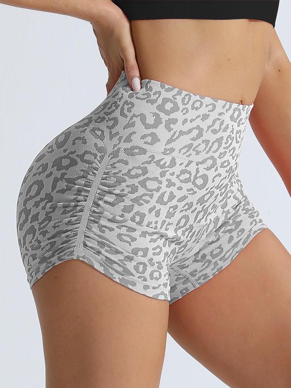 Women's Leopard Ruched High Waist Gym Shorts, Gym Clothing, Breathable Comfortable High Stretch Yoga Shorts, Ladies Sportswear for Indoor Outdoor Wear