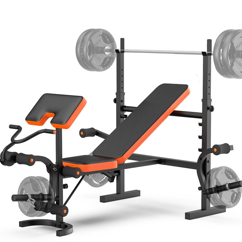 Weight Bench, Bench Press Set with Leg Extension No Weight Plates Included, 6 in 1 Olympic Weight Bench for Home Gym, Adjustable Workout Bench with Rack & Preacher Pad, Full Body Flat Incline Bench for Weight Lifting