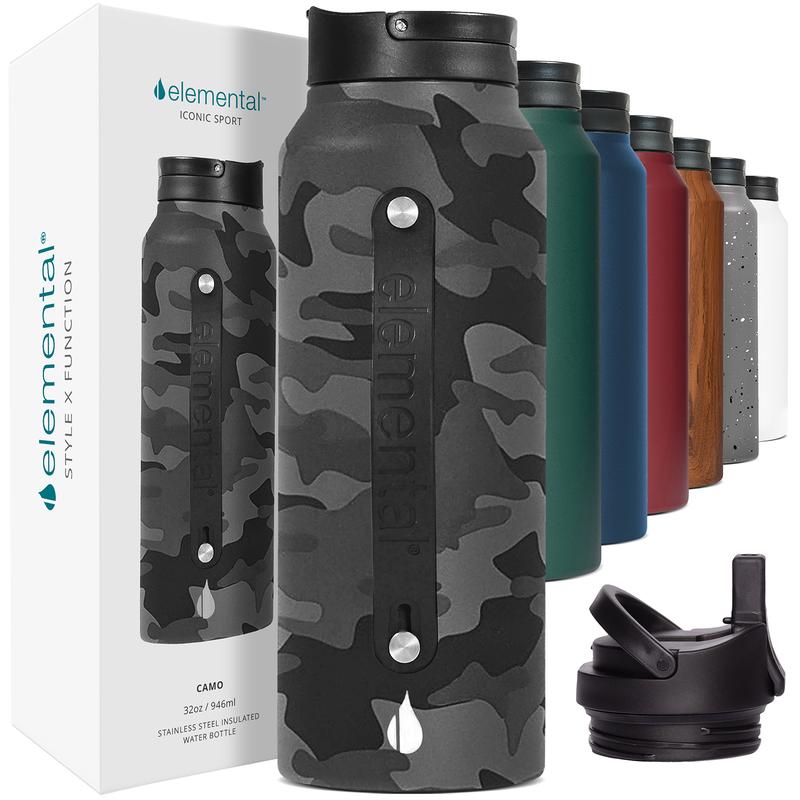 Iconic Sport 32oz Water Bottle - Black Camo - Stainless Steel Leakproof Reusable Bottle