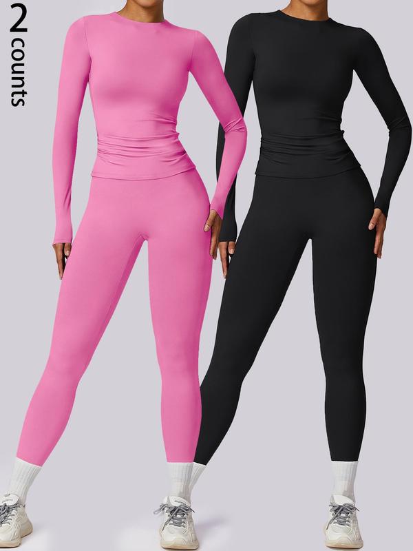 Two-Piece Set Women's Solid Long Sleeve Tee & High Waist Leggings Sports Set, Sporty Round Neck Top & Skinny Pants for Yoga Gym Workout Running, Ladies Tracksuits Sportswear for All Seasons