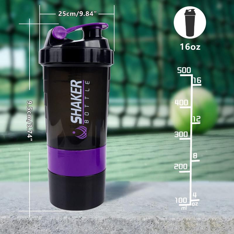 16OZ Protein Shaker Bottles with Pill Organizer Storage and Mix Ball, Leak Proof Portable Shaker Bottles for Protein Mixes and Pre Work Out, BPA Free