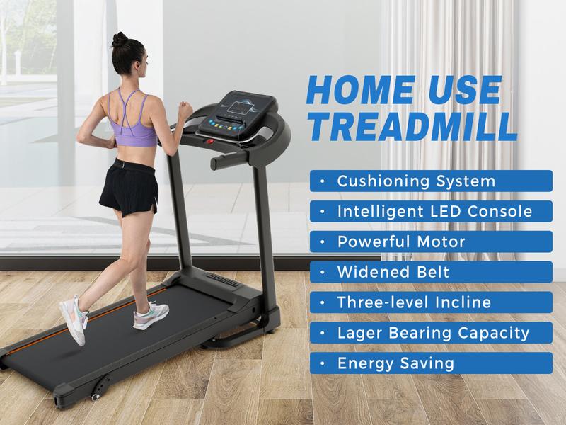 Motorized Compact Folding Treadmill with Audio Speakers and Incline Adjuster for Running and Jogging