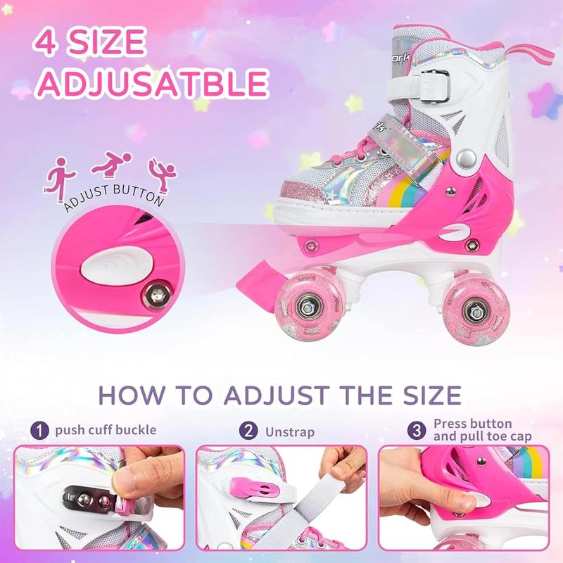 Girls Roller Skates for , 4 Size Adjustable Rainbow Quad Skates with All Light Up Wheels -  Birthday Gift for Outdoor