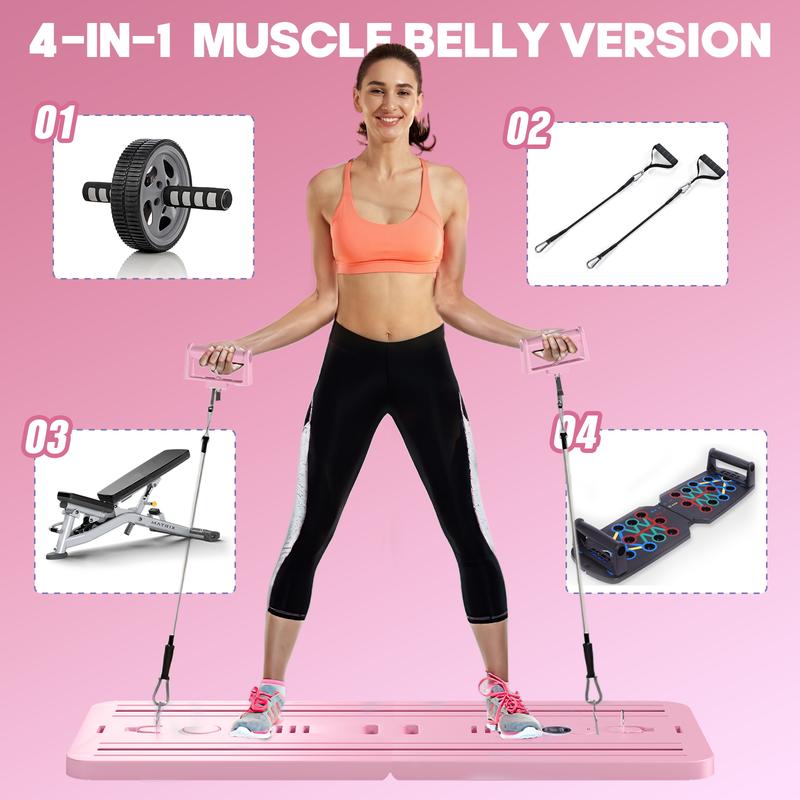 Foldable Pilates reformer board for home workouts, 5-in-1 multifunctional portable core and abdominal exercise machine with adjustable resistance, compact and convenient, comes with timer and phone holder, workout storage