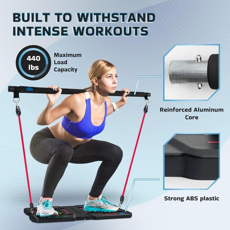 Push Up Board and Pilates Bar Kit - Color Coded Foldable Pushup Board Fitness Tool - Reinforced Aluminum Resistance Band Bar - At Home Gym Accessories for Men and Women - Portable Gym