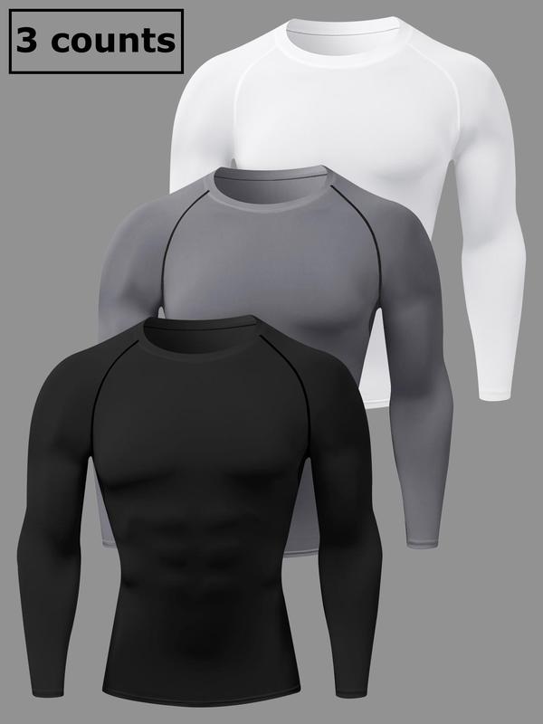 Men's 3pcs Solid Round Neck Raglan Sleeve Sports Tee, Quick Drying Breathable Long Sleeve T-shirt, Crew Neck Tight-fitting Tee Shirts for Men, Compression Shirts, Gym Tops, Fall Sportswear for Indoor Outdoor Wear, 90s Clothes