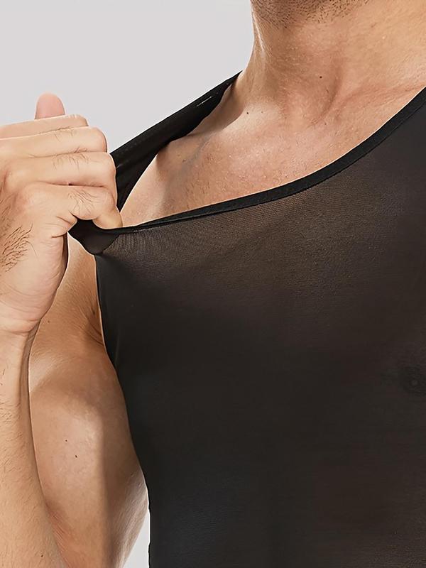 Sporty Men's Plain Adjustable Hooks Round Neck Sheer Sports Vest, Breathable Quick Drying Sports Compression Tank Top, Running Vest, Tummy Control Shaper for Men