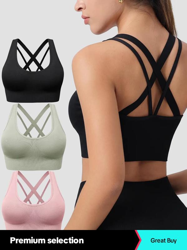 Women's Solid Criss Cross Wireless Sports Bra, Sports Bra for Women, Breathable Comfortable Detachable Chest Pad Sports Bra for Yoga Gym Workout, Ladies Sportswear Clothing for All Seasons Top