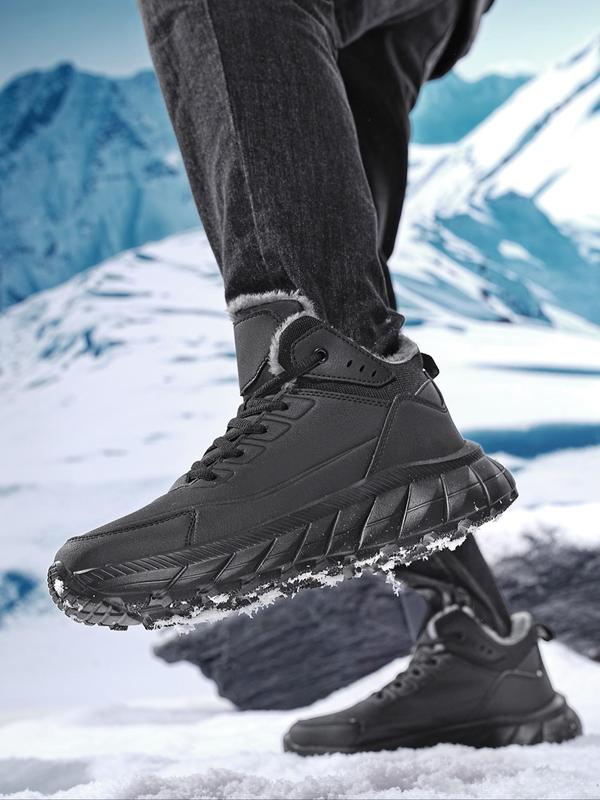 Men's Sporty Patchwork Lace Up Ankle Boots, Casual Comfortable Warm Fur Lined Boots for Outdoor Hiking, Male All-match Round Toe Shoes for Daily Wear