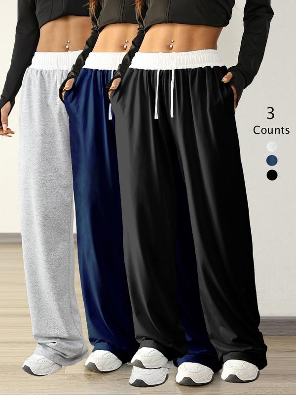 Women's Colorblock Drawstring Waist Sports Jogger Pants, Fall Clothes, Sporty Pocket Design Wide Leg Trousers Track Pants for Daily Wear, Ladies Sportswear for Fall, Fall Stretchable Jogger Outfits 2024