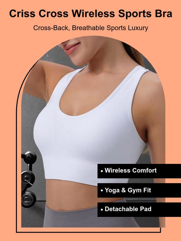 Women's Solid Criss Cross Wireless Sports Bra, Sports Bra for Women, Breathable Comfortable Detachable Chest Pad Sports Bra for Yoga Gym Workout, Ladies Sportswear Clothing for All Seasons Top