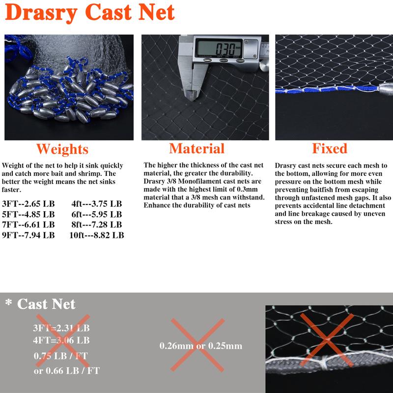 Drasry Saltwater Lead Sinker 3 8 Fishing Cast Net for Bait Shrimp Minnow Trap with Heavy Sinkers Fish Throw Net. Size 3ft 4ft 5ft 6ft 7ft 8ft 9ft 10ft Radius Freshwater Nets