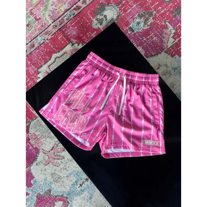 [Kill Crew] Muay Thai Shorts Barbwire - Pink   White, Unisex, Mid Thigh Cut, Pockets, Gym Shorts, Elastic Waistband, Long drawcord with wax tips