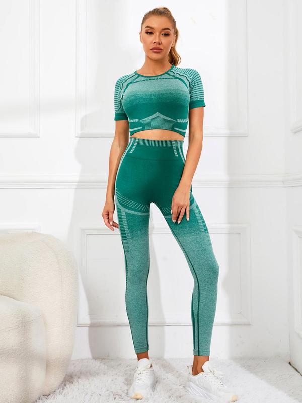 Two-piece Set Women's Colorblock  Cut Out Crop Tee & High Waist Leggings, Sporty Breathable Quick Drying Top  & Skinny Pants Set for Yoga Gym Workout, Ladies Sportswear for All Seasons