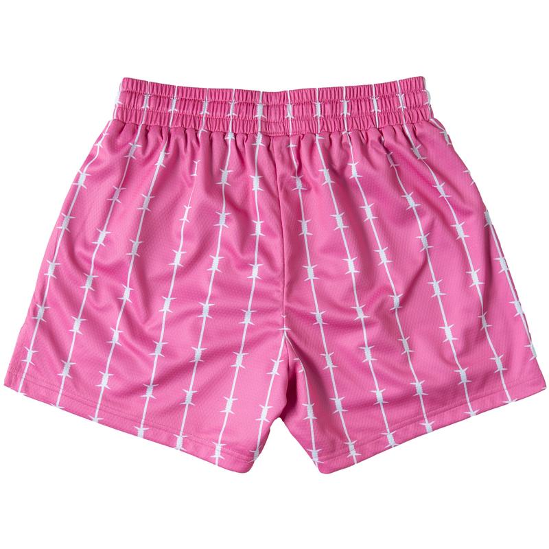 [Kill Crew] Muay Thai Shorts Barbwire - Pink   White, Unisex, Mid Thigh Cut, Pockets, Gym Shorts, Elastic Waistband, Long drawcord with wax tips