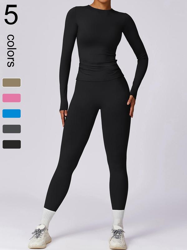 Two-Piece Set Women's Solid Long Sleeve Tee & High Waist Leggings Sports Set, Sporty Round Neck Top & Skinny Pants for Yoga Gym Workout Running, Ladies Tracksuits Sportswear for All Seasons